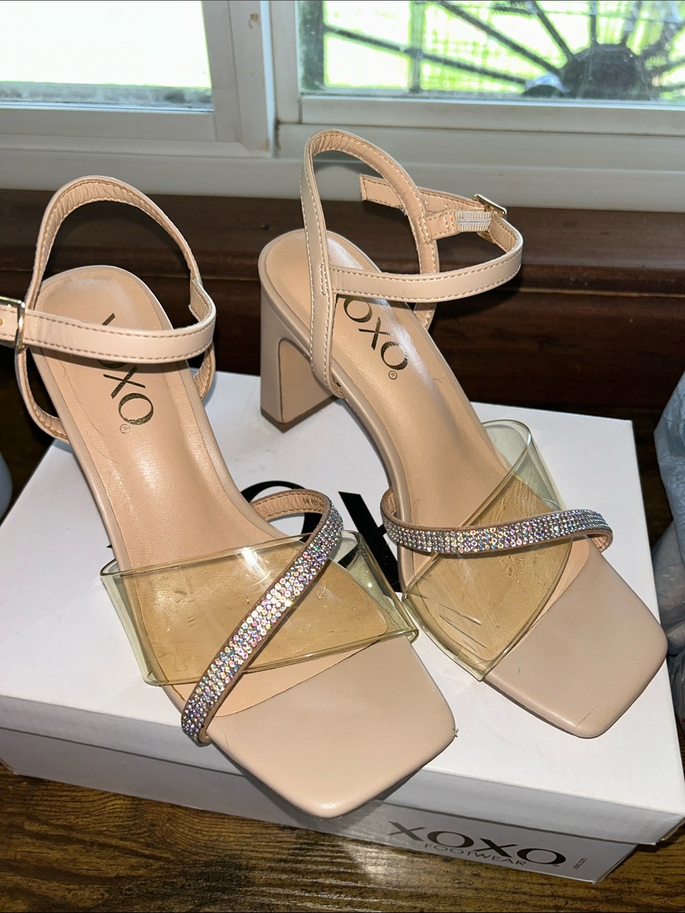 XOXO Nude Beige Heeled Sandals with Rhinestone Strap